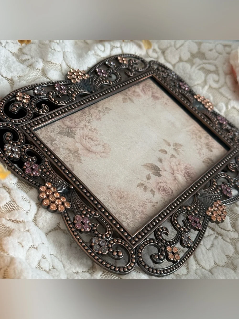 Romantic Jeweled Picture Frame Ornate Metal Scroll Rhinestone Photo Frame